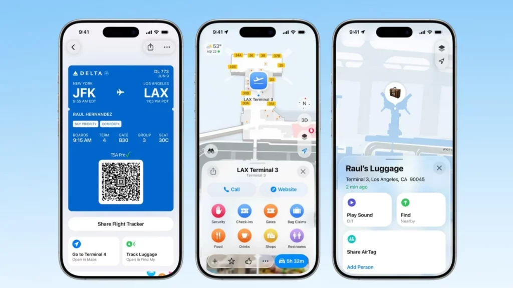 Boarding passes with maps and Find My luggage support