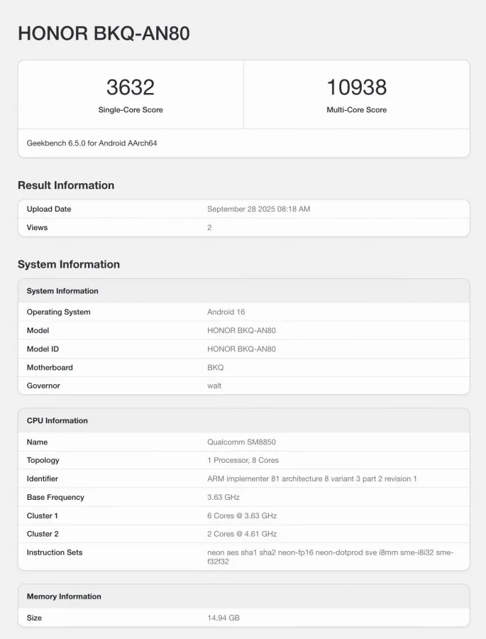 Honor Magic8 Geekbench