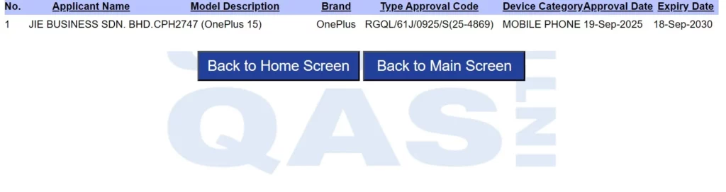 OnePlus 15 SIRIM certified