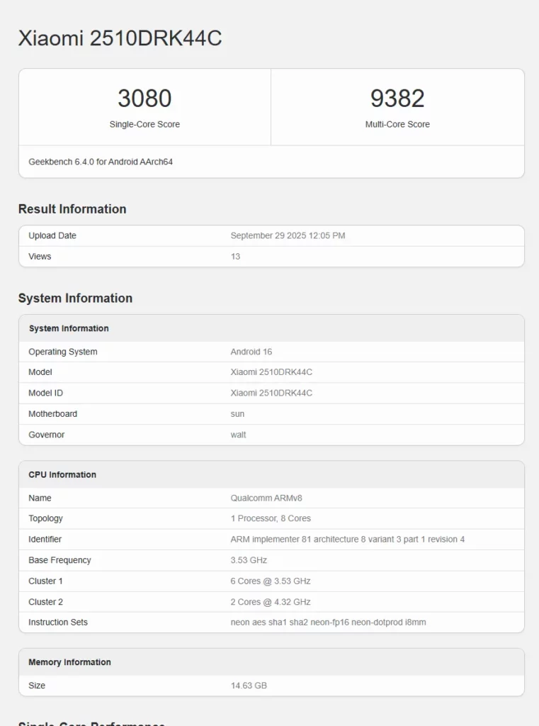 REDMI K90 geekbench